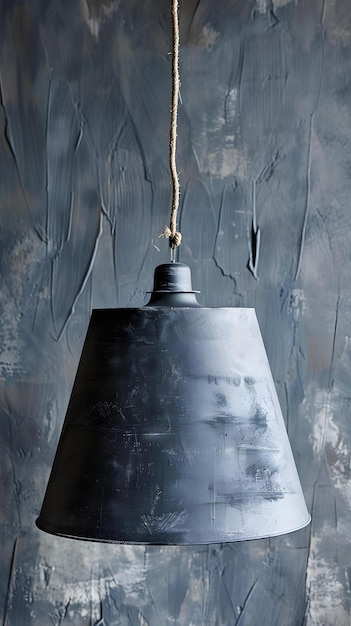 Black Metal Pendant Light with Rope Hanging Against Concrete Wall