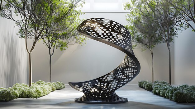 Black metal sculpture resembling a spiral staircase stands in a courtyard