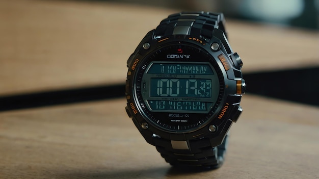 A black metal sports watch with orange highlights and a digital display is shown