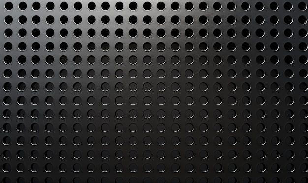 Black metal surface with many small holes The holes are evenly spaced and the surface is shiny