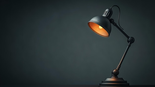 A black metal table lamp with a bright light illuminates a desk on a dark background