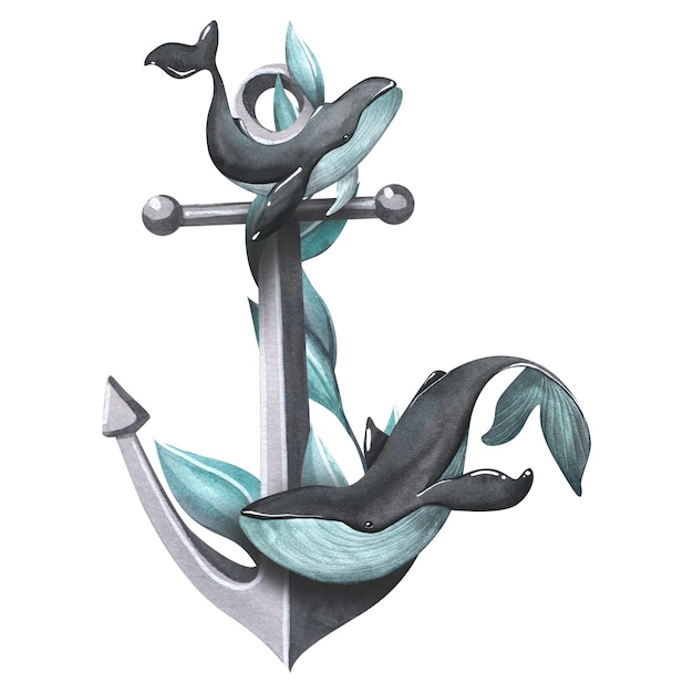 A black metallic sea anchor with turquoise algae and whales Watercolor illustration composition on a white background from the collection of WHALES For decoration and design