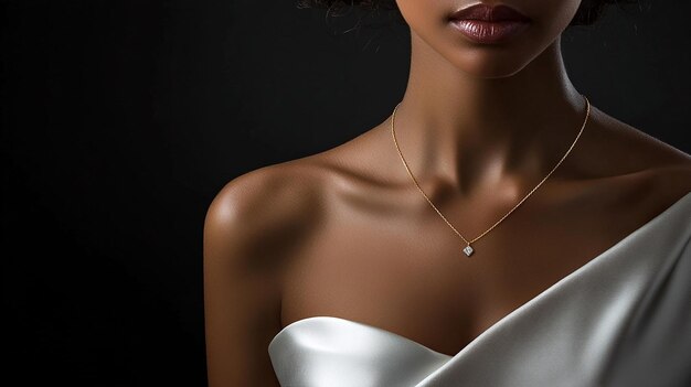 Photo black model in white dress with gold necklace