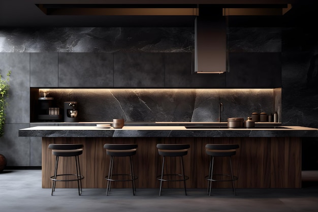 black modern kitchen with bar stools