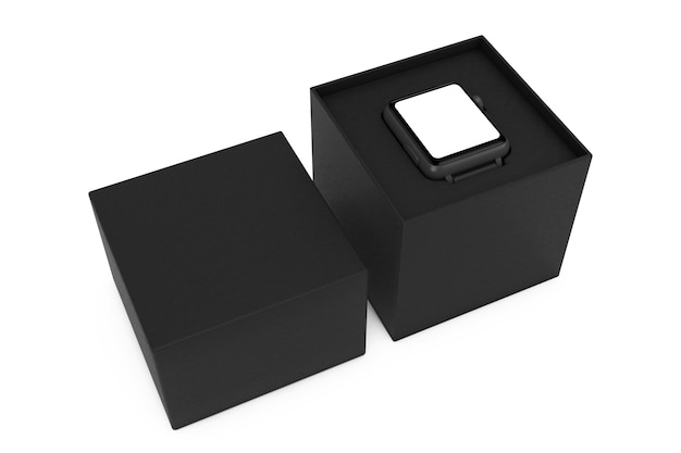 Black Modern Smart Watch Mockup and Strap with Black Gift Box on a white background. 3d Rendering