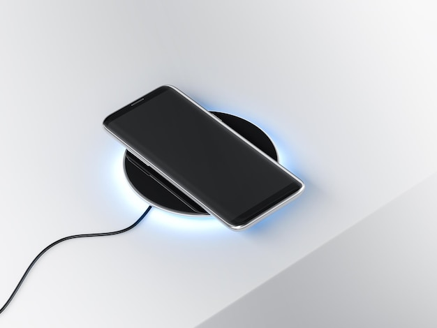 Black Modern Smartphone mockup on the wireless charging device 3d rendering