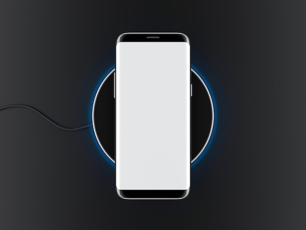 Black modern Smartphone mockup with large white screen on wireless charging device 3d rendering