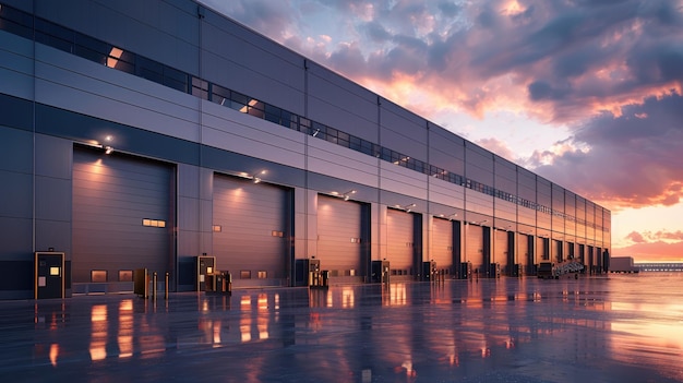 Photo a black modern warehouse with glass facade at blue hour wide angle exterior view photo realistic cinematic light sony alpha camera