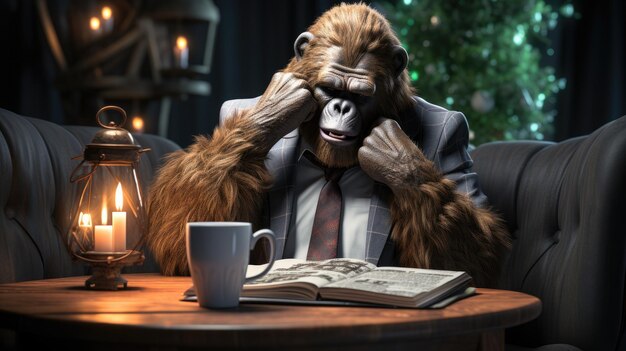 Black monkey reading a newspaper HD 8k background Wallpaper Stock Photographic image