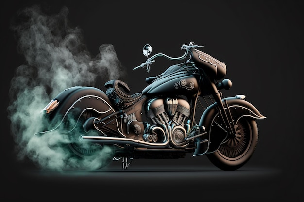 Black motorcycle on a dark background with smoke side 3D illustration