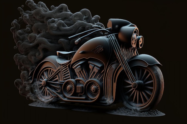 Black motorcycle detail on a dark background with smo 3D illustration