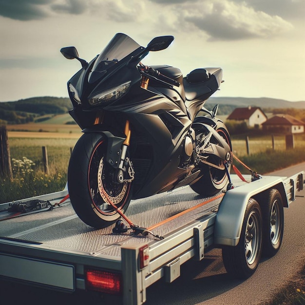 a black motorcycle is on the back of a trailer