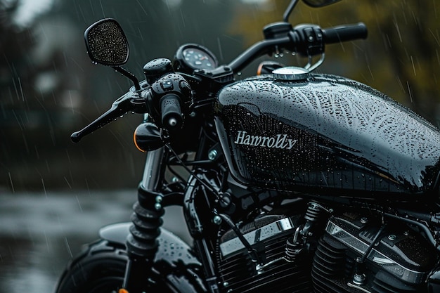 A black motorcycle is parked in the rain with the generative ai