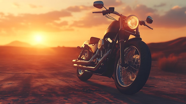 A black motorcycle parked on a dirt road with a sunset in the background