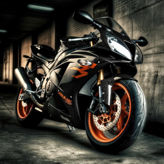 A black motorcycle with orange rims