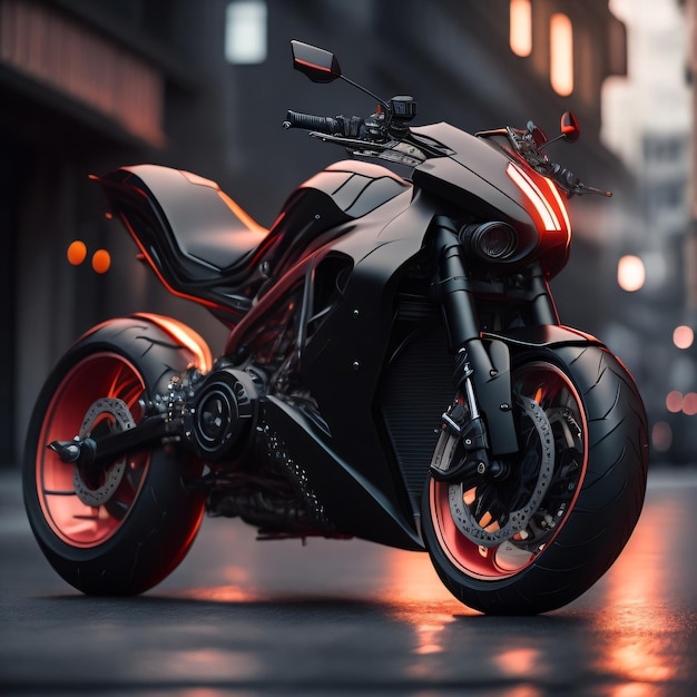 A black motorcycle with red and orange lights on the back.