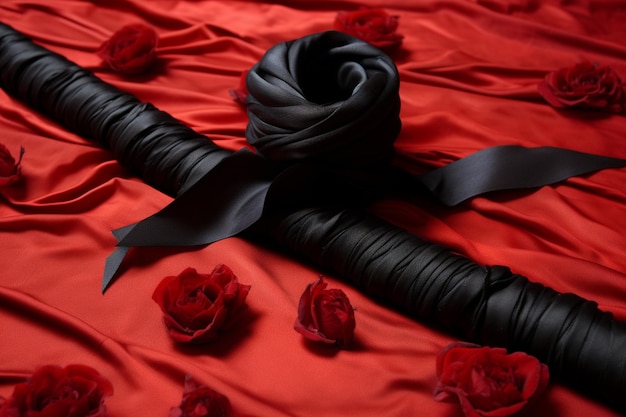 Black mourning ribbon on red flag