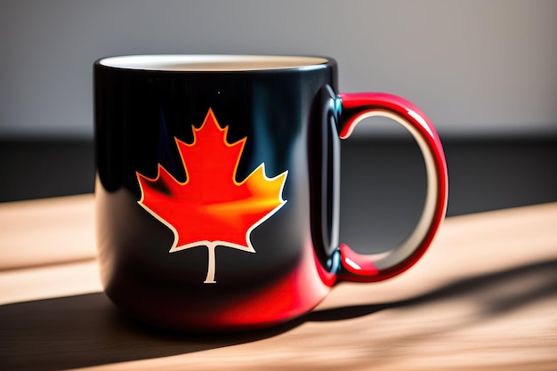 A black mug with a Canadian red maple leaf on a wooden table