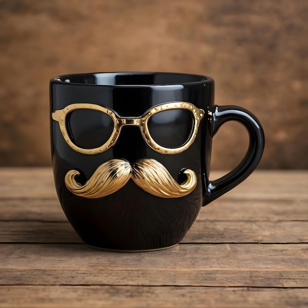 a black mug with gold rims and a mustache