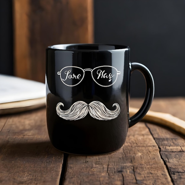 a black mug with a mustache on it sits on a table