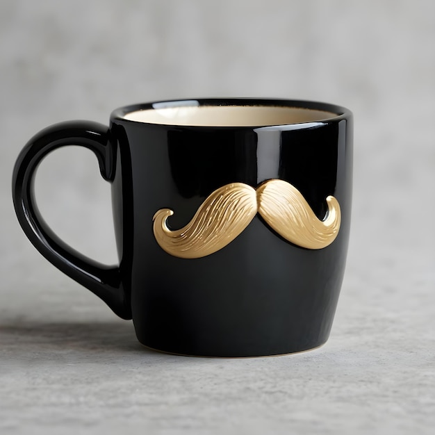 a black mug with a mustache and a moustache on it