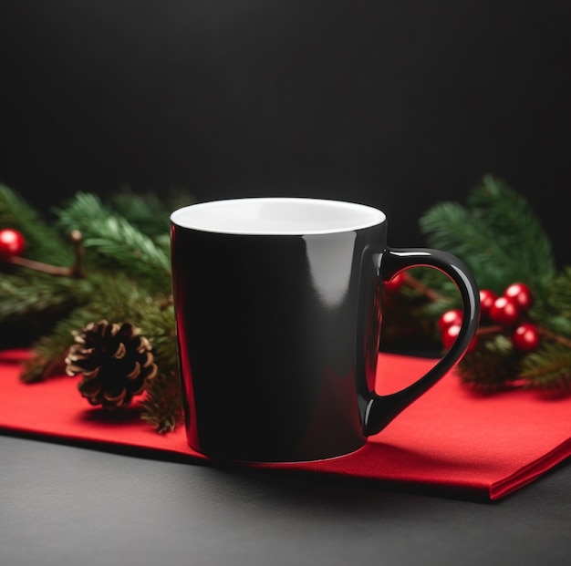 A black mug with a red ribbon and a red christmas decoration.