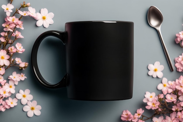 A black mug with a spoon and flowers on a table.