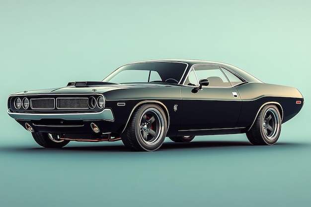 A black muscle car with chrome trim and a hood ornament