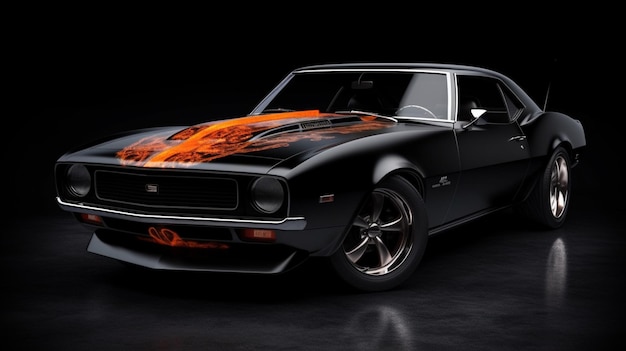 A black muscle car with orange flames on the hood.