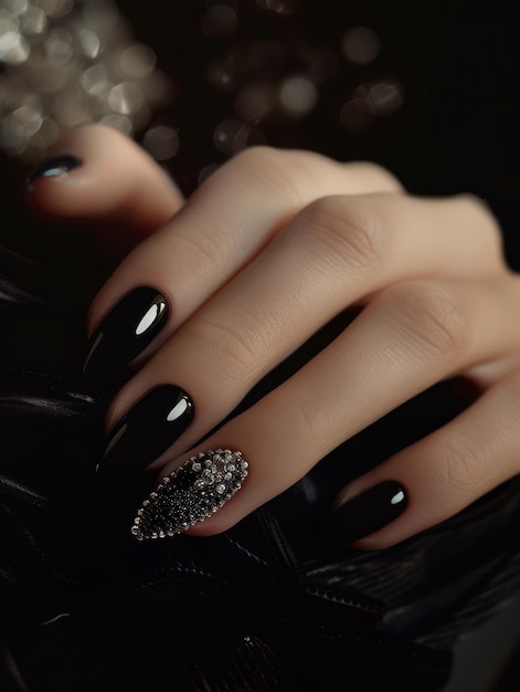 Black nail art with diamonds on the nails