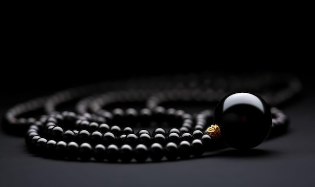 A black necklace with a gold bead on it