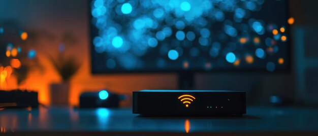 Photo black network router with wifi symbol lit up in a dark room