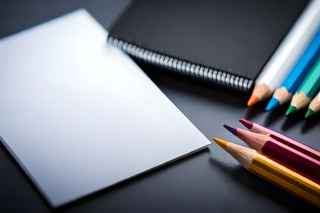 A black notebook with a pencil on it and a notebook on the right side.