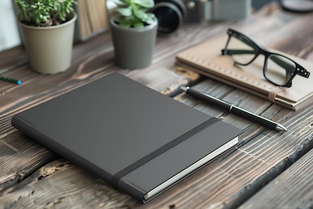 Black Notebook on Wooden Table with Glasses and Pen Realistic Image