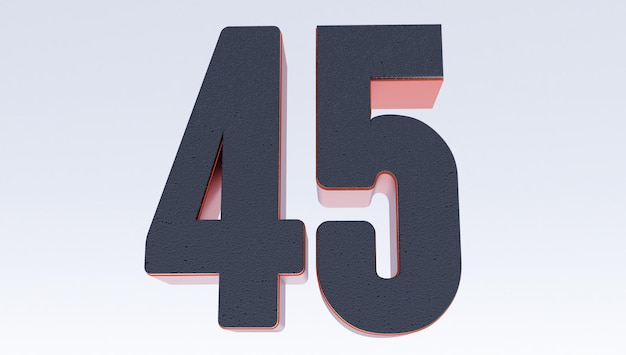 Black number 45 isolated on white background. 3D render. 3D Lettering forty-five number.