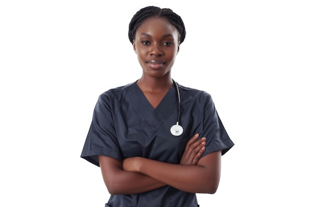 Black nurse in scrubs on white background