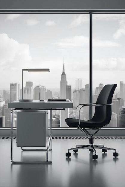 a black office chair in front of a window with a city skyline in the background