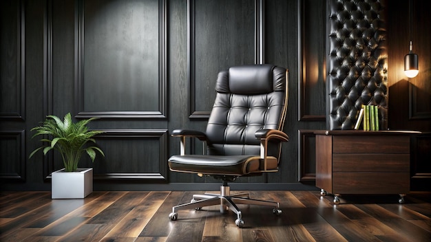 a black office chair with a black leather office chair in front of a wall with a plant in the corner