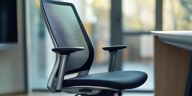 Photo black office chair with a mesh back and silver accents in front of a window