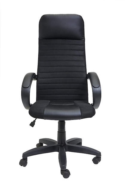 Black office leather armchair on wheels isolated on white background front view