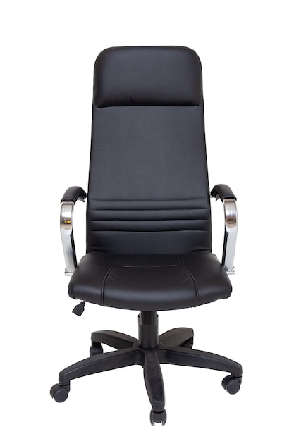 Black office leather armchair on wheels isolated on white . front view