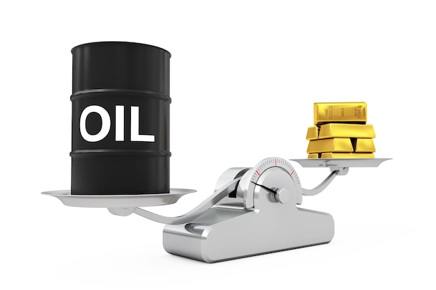 Black Oil Barrel with Golden Bars Balancing on a Simple Weighting Scale on a white background. 3d Rendering.