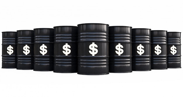 Black oil barrels with dollar sign on white background. 3D render