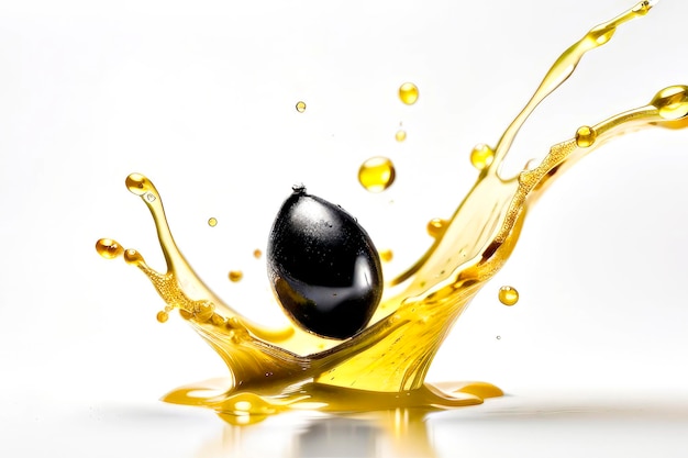 A black olive falls into golden olive oil on a white background