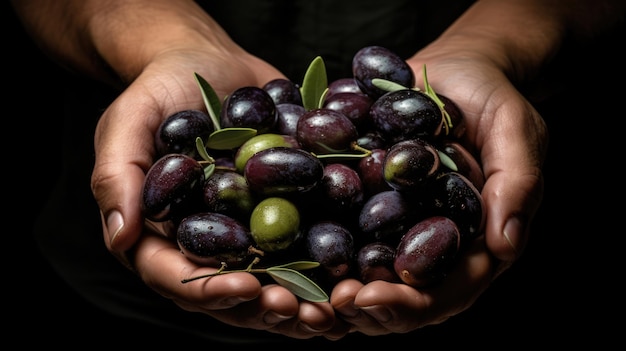 Black olives in hands closeup on a black background