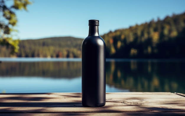 A black opaque water bottle rests on a wooden deck with a serene lake