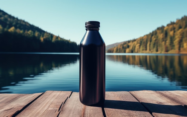 A black opaque water bottle rests on a wooden deck with a serene lake