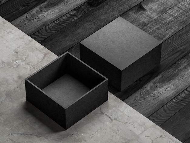 Black opened Box Mockup on wooden and concrete floor 3d rendering