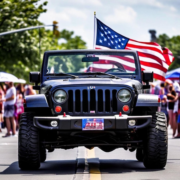 A black opentop jeep decorated with the American flag in an independence day parade