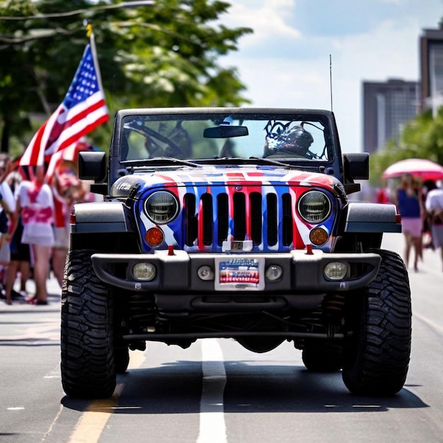 A black opentop jeep decorated with the American flag in an independence day parade